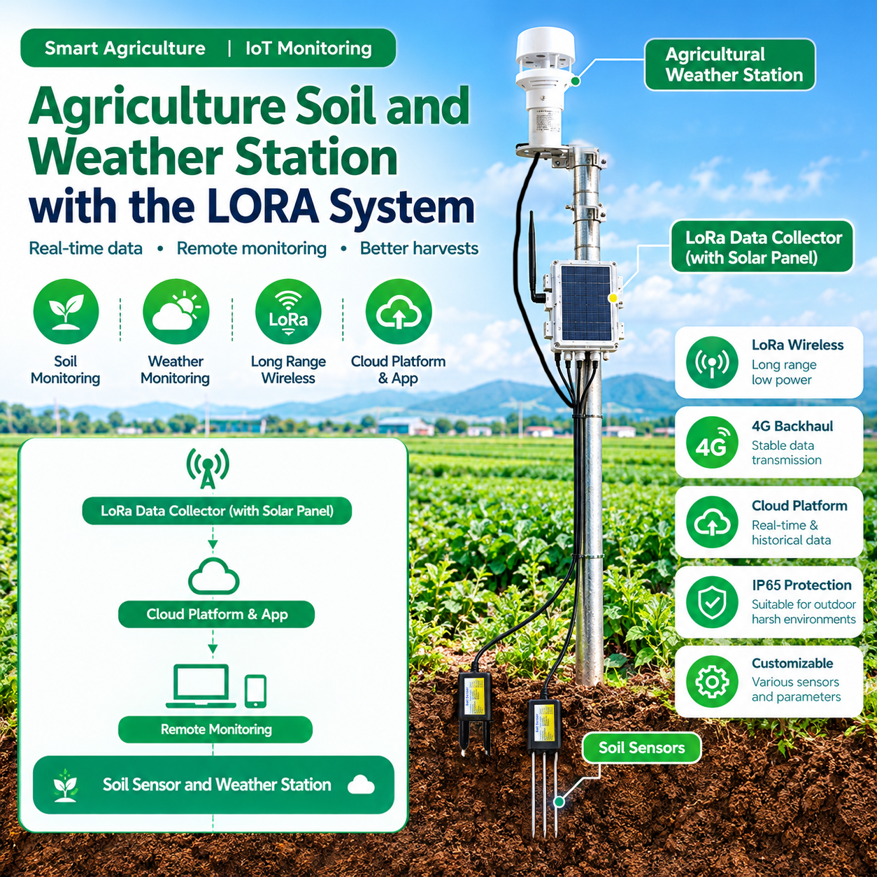 Agriculture soil and weather station with the LORA system