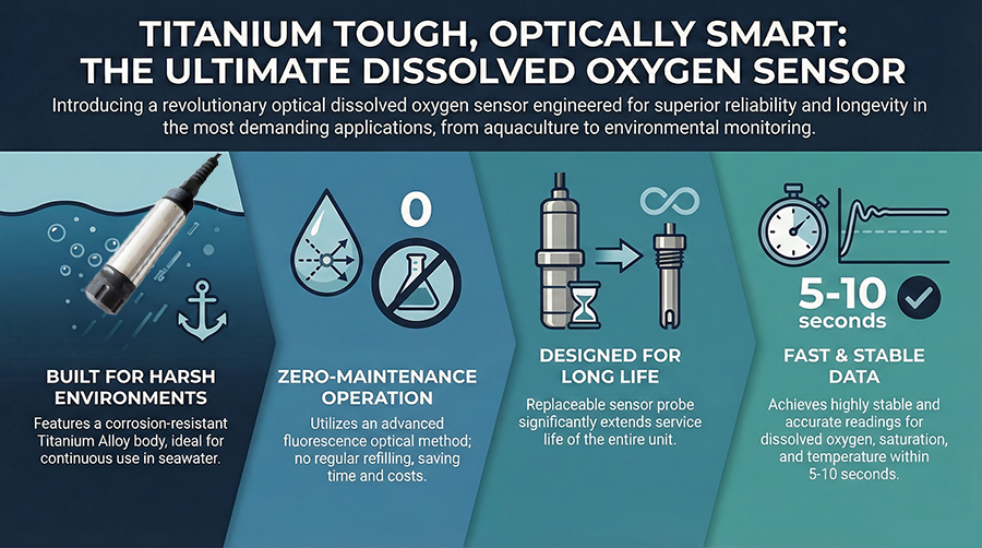 Titanium Alloy Sensor Optical Dissolved Oxygen Sensor Dissolved Oxygen Sensor DO Sensor Fluorescence Sensor Water Quality Sensor LoRaWAN Sensor LoRaWAN Water Monitor Industrial IoT Monitor